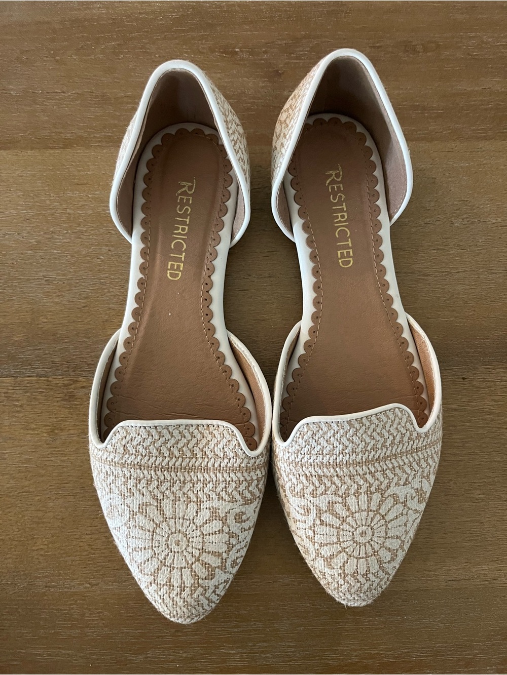 Restricted Women's Floral Woven D'Orsay Flats in Cream and Tan